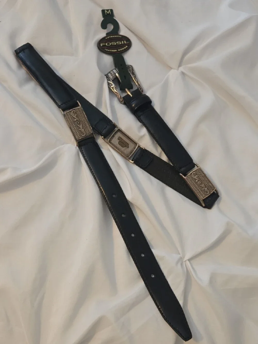 Black Leather Fossil Women's Belt with Decorative Silver-Tone Buckle